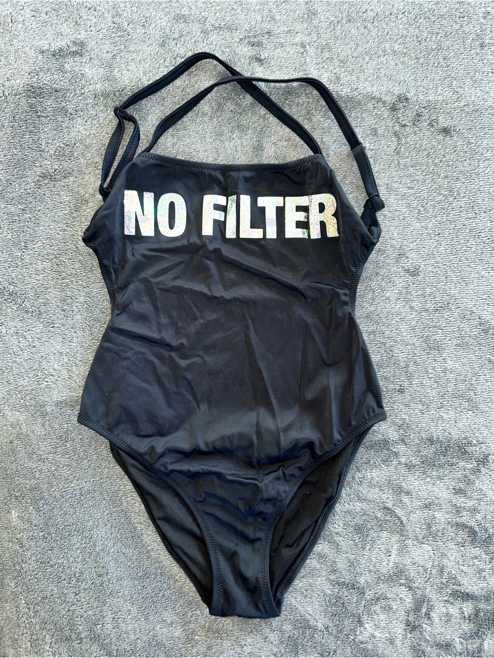 Calzedonia Black One-Piece Swimsuit with 'NO FILTER' Holographic Print